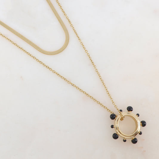Collier 2 rangs avec pendentif anneau embelli de boules émaillées (40/55+5CM)