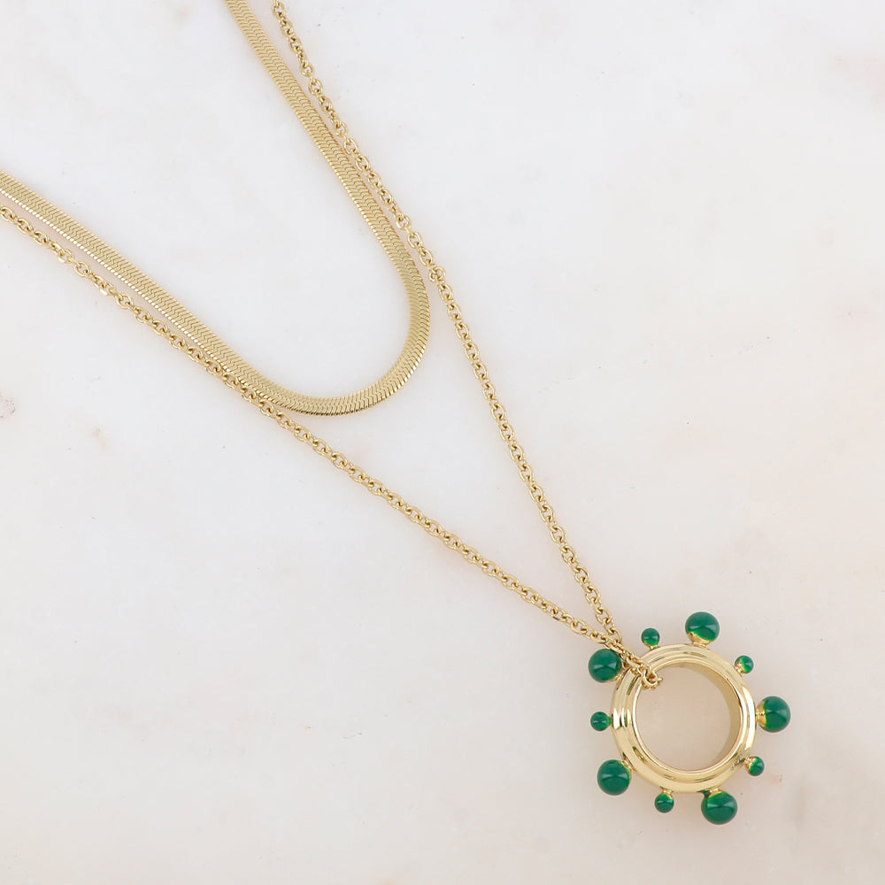 Collier 2 rangs avec pendentif anneau embelli de boules émaillées (40/55+5CM)