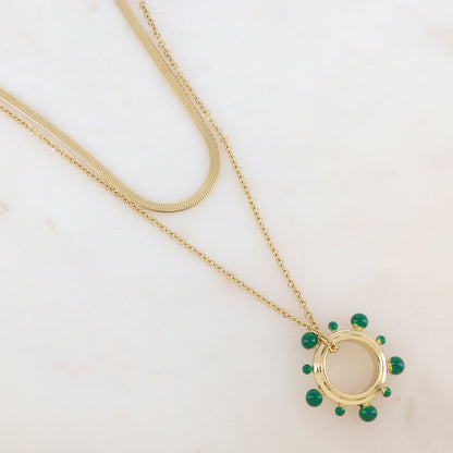 Collier 2 rangs avec pendentif anneau embelli de boules émaillées (40/55+5CM)