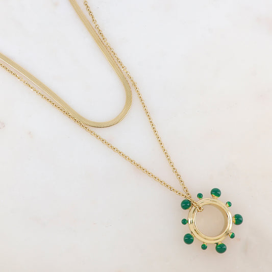 Collier 2 rangs avec pendentif anneau embelli de boules émaillées (40/55+5CM)