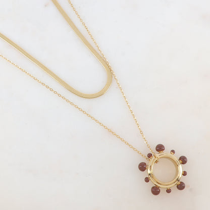 Collier 2 rangs avec pendentif anneau embelli de boules émaillées (40/55+5CM)