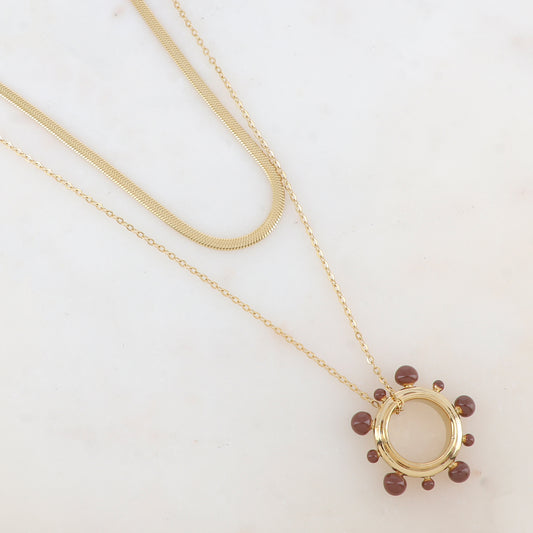Collier 2 rangs avec pendentif anneau embelli de boules émaillées (40/55+5CM)