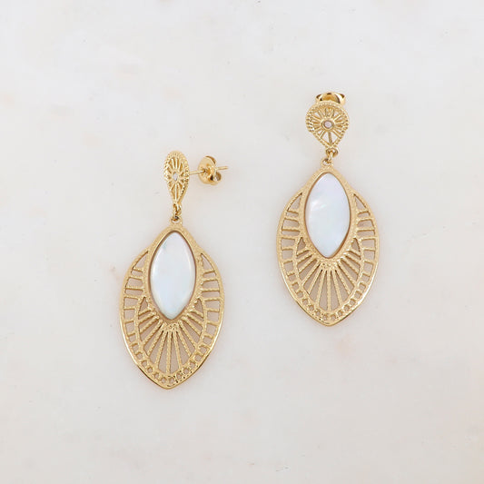 B.O à puce avec pendant ajouré, nacre et strass 2,3 x 5,3 cm.