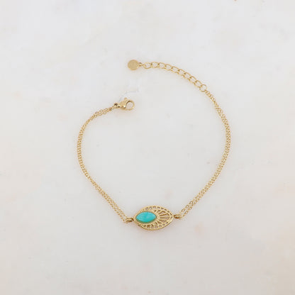 Bracelet deux rangs avec pièce ajourée, pierre naturelle