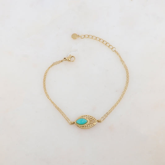 Bracelet deux rangs avec pièce ajourée, pierre naturelle