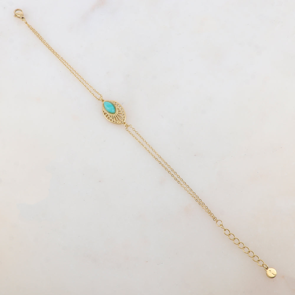 Bracelet deux rangs avec pièce ajourée, pierre naturelle