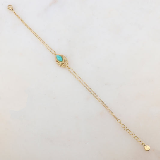 Bracelet deux rangs avec pièce ajourée, pierre naturelle