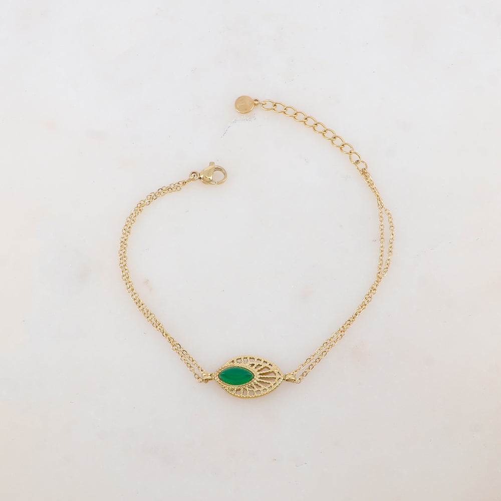 Bracelet deux rangs avec pièce ajourée, pierre naturelle
