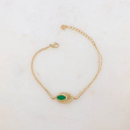 Bracelet deux rangs avec pièce ajourée, pierre naturelle