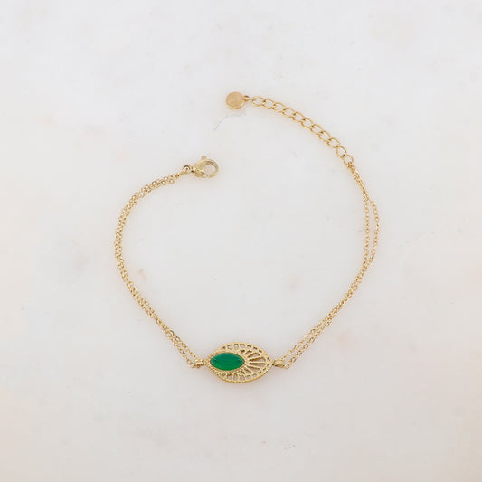 Bracelet deux rangs avec pièce ajourée, pierre naturelle