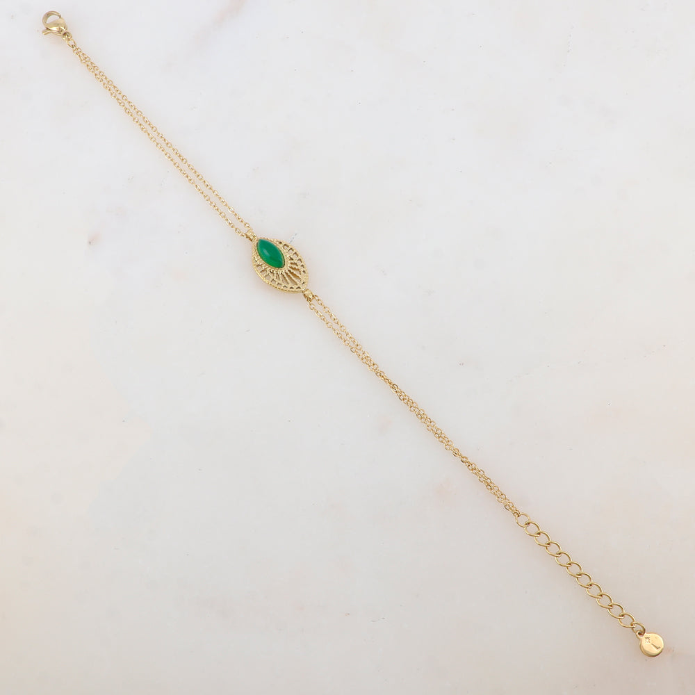 Bracelet deux rangs avec pièce ajourée, pierre naturelle