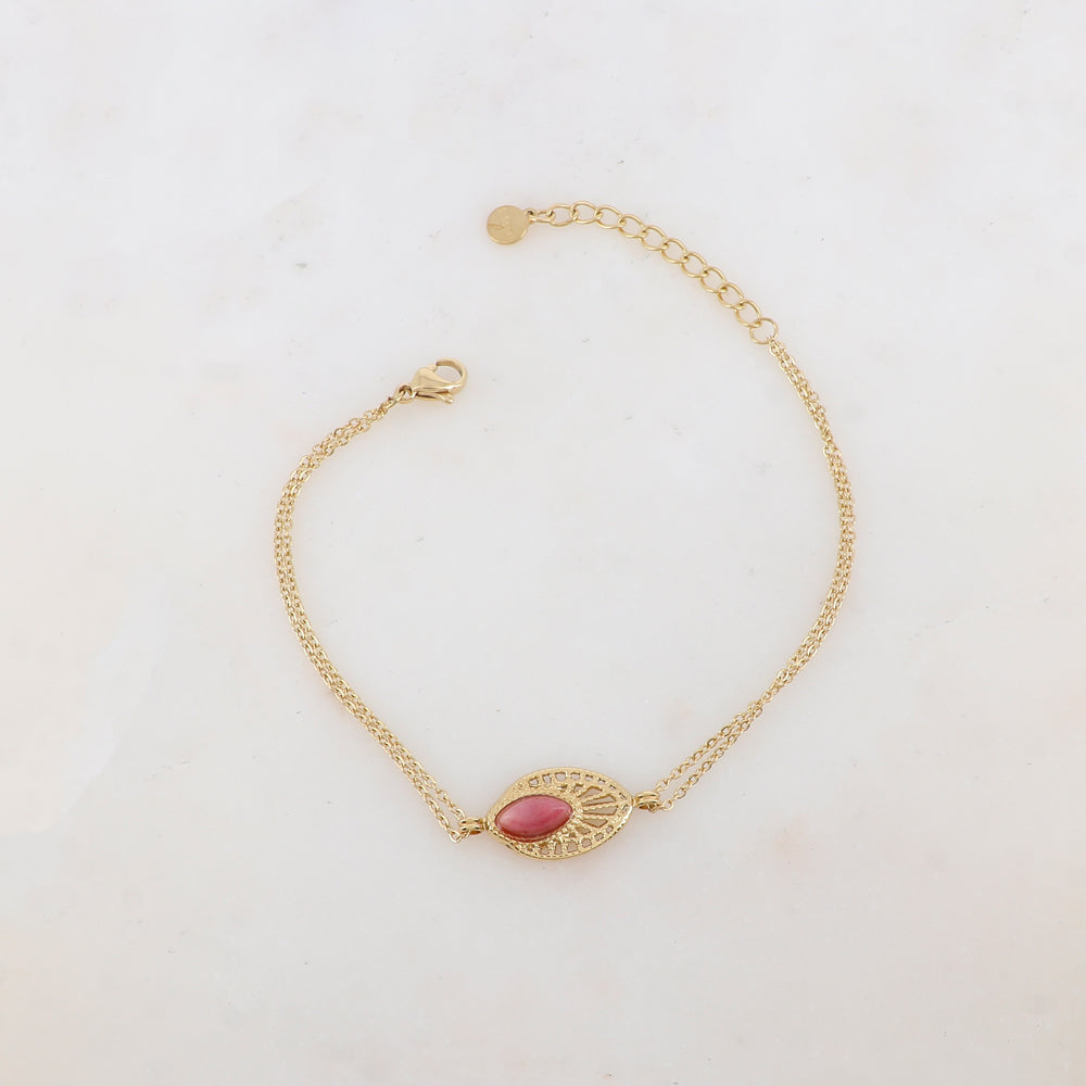 Bracelet deux rangs avec pièce ajourée, pierre naturelle