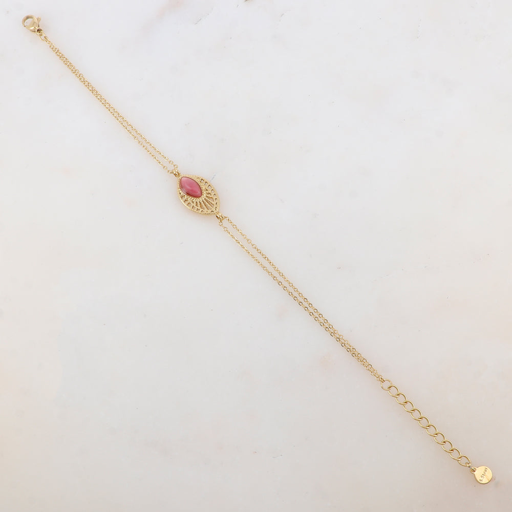Bracelet deux rangs avec pièce ajourée, pierre naturelle