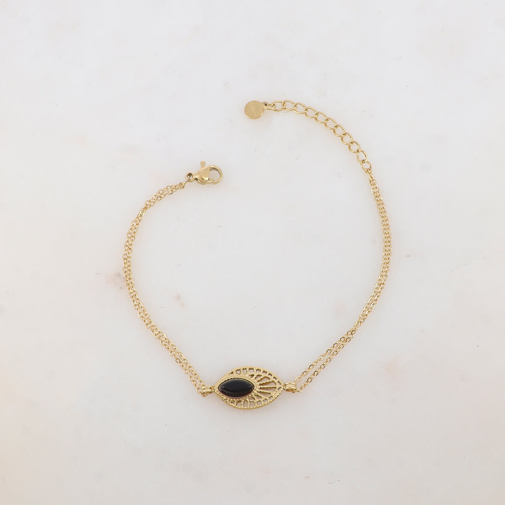 Bracelet deux rangs avec pièce ajourée, pierre naturelle
