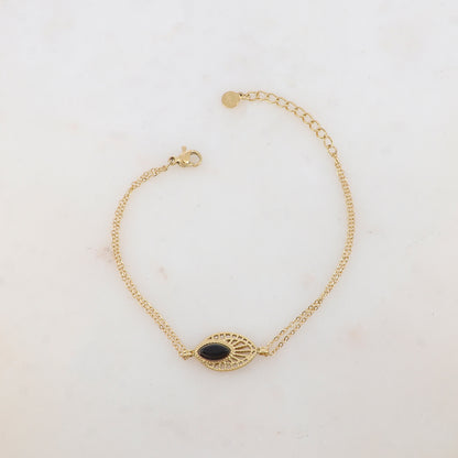 Bracelet deux rangs avec pièce ajourée, pierre naturelle