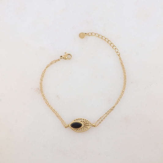 Bracelet deux rangs avec pièce ajourée, pierre naturelle