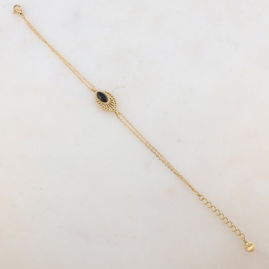 Bracelet deux rangs avec pièce ajourée, pierre naturelle