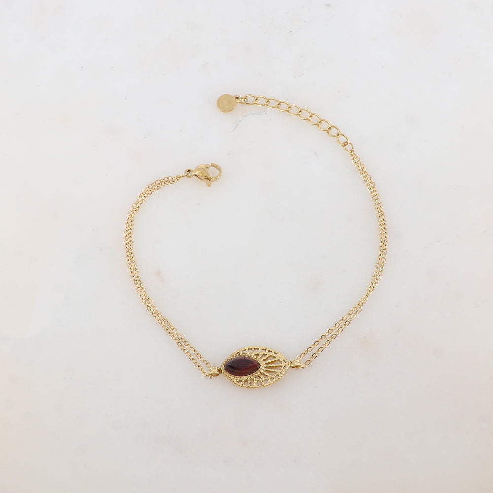 Bracelet deux rangs avec pièce ajourée, pierre naturelle