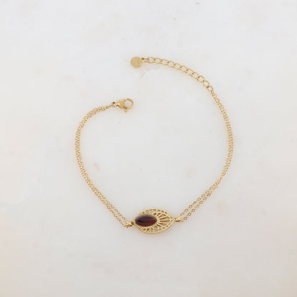 Bracelet deux rangs avec pièce ajourée, pierre naturelle