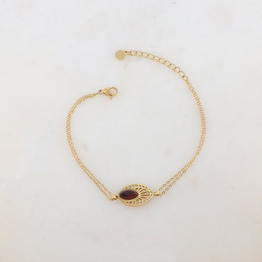 Bracelet deux rangs avec pièce ajourée, pierre naturelle