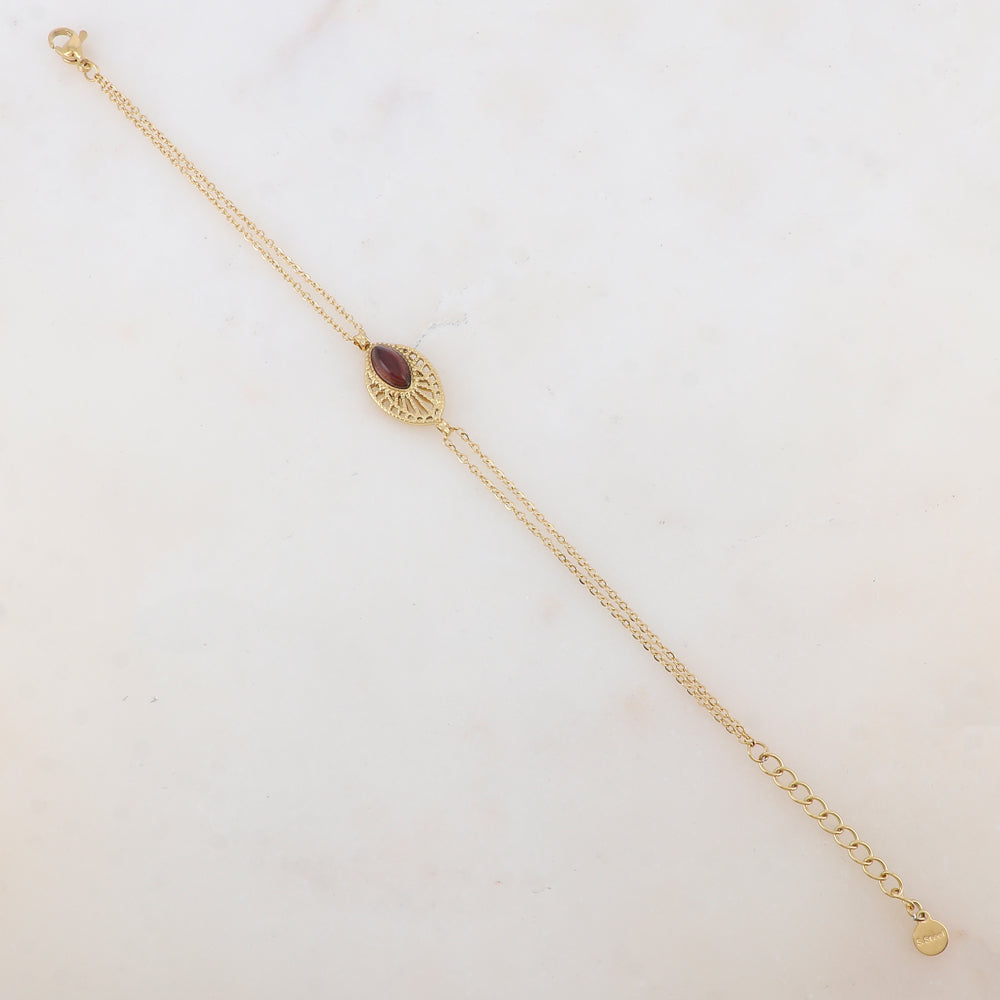Bracelet deux rangs avec pièce ajourée, pierre naturelle