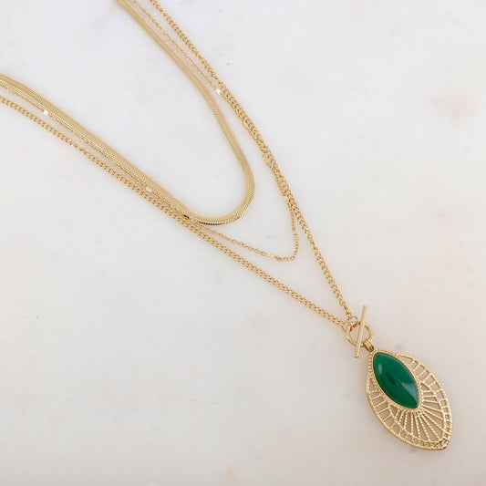 Collier trois rangs avec pendentif ajouré, pierre naturelle (38/44/55+7CM)
