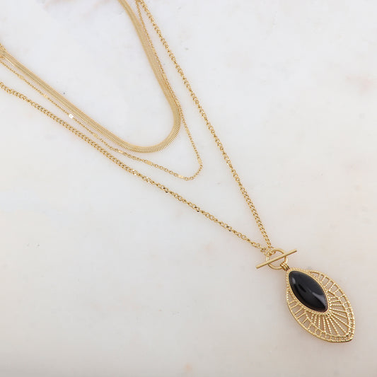 Collier trois rangs avec pendentif ajouré, pierre naturelle (38/44/55+7CM)