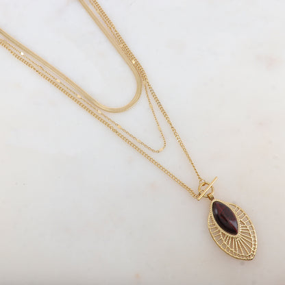 Collier trois rangs avec pendentif ajouré, pierre naturelle (38/44/55+7CM)