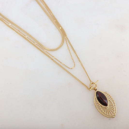 Collier trois rangs avec pendentif ajouré, pierre naturelle (38/44/55+7CM)