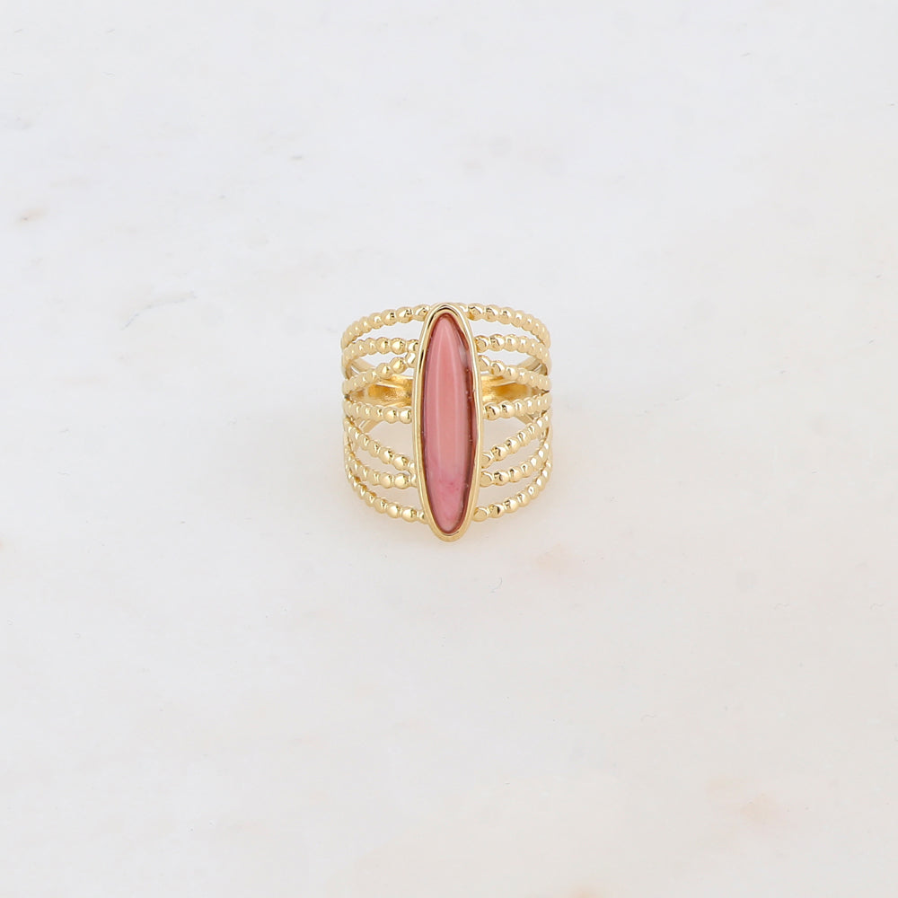 Bague multi-rangs style semainier croisée avec pierre naturelle - Rhodonite