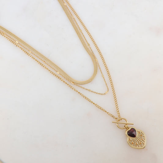 Collier 3 rangs avec pendentif cœur ajouré, pierre naturelle et strass (38/44/55+7CM)