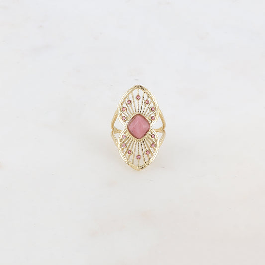 Bague fine avec 2 coeurs superposés et collés, pierre naturelle et strass - Rhodonite