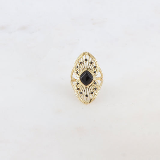 Bague fine avec 2 coeurs superposés et collés, pierre naturelle et strass - Onyx