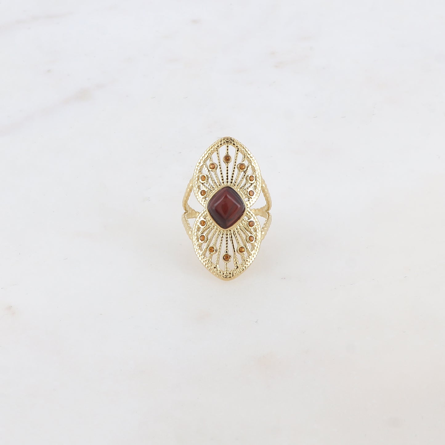 Bague fine avec 2 coeurs superposés et collés, pierre naturelle et strass - Œil de taureau