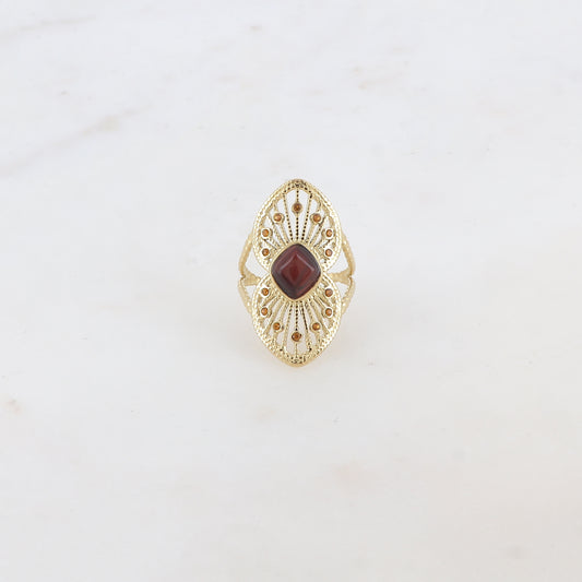 Bague fine avec 2 coeurs superposés et collés, pierre naturelle et strass - Œil de taureau