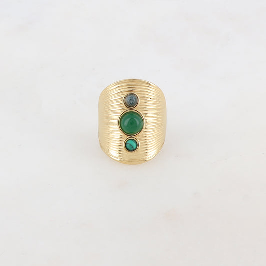 Bague avec rainures et trois pierres naturelles rondes