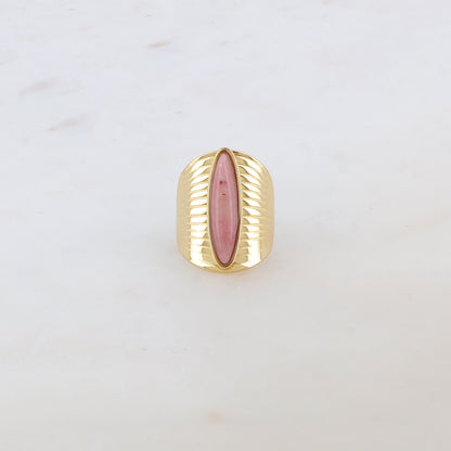 Bague ovale avec rainures et pierre naturelle - Rhodonite
