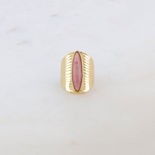 Bague ovale avec rainures et pierre naturelle - Rhodonite