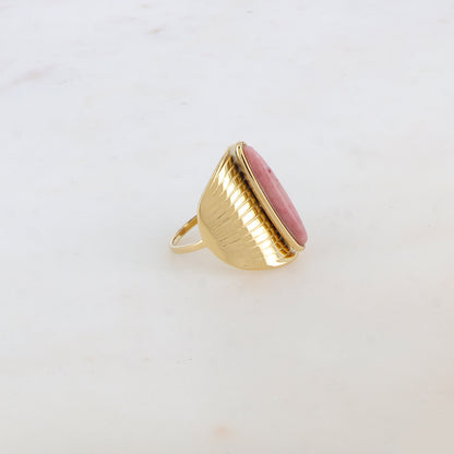 Bague ovale avec rainures et pierre naturelle - Rhodonite