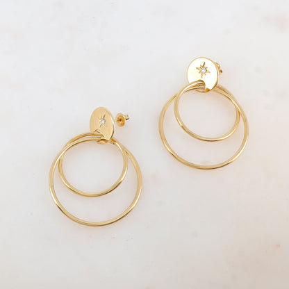 B.O à puce avec 2 anneaux lisses, pièce ronde lisse, étoile et strass 3,9 x 5,8 cm.