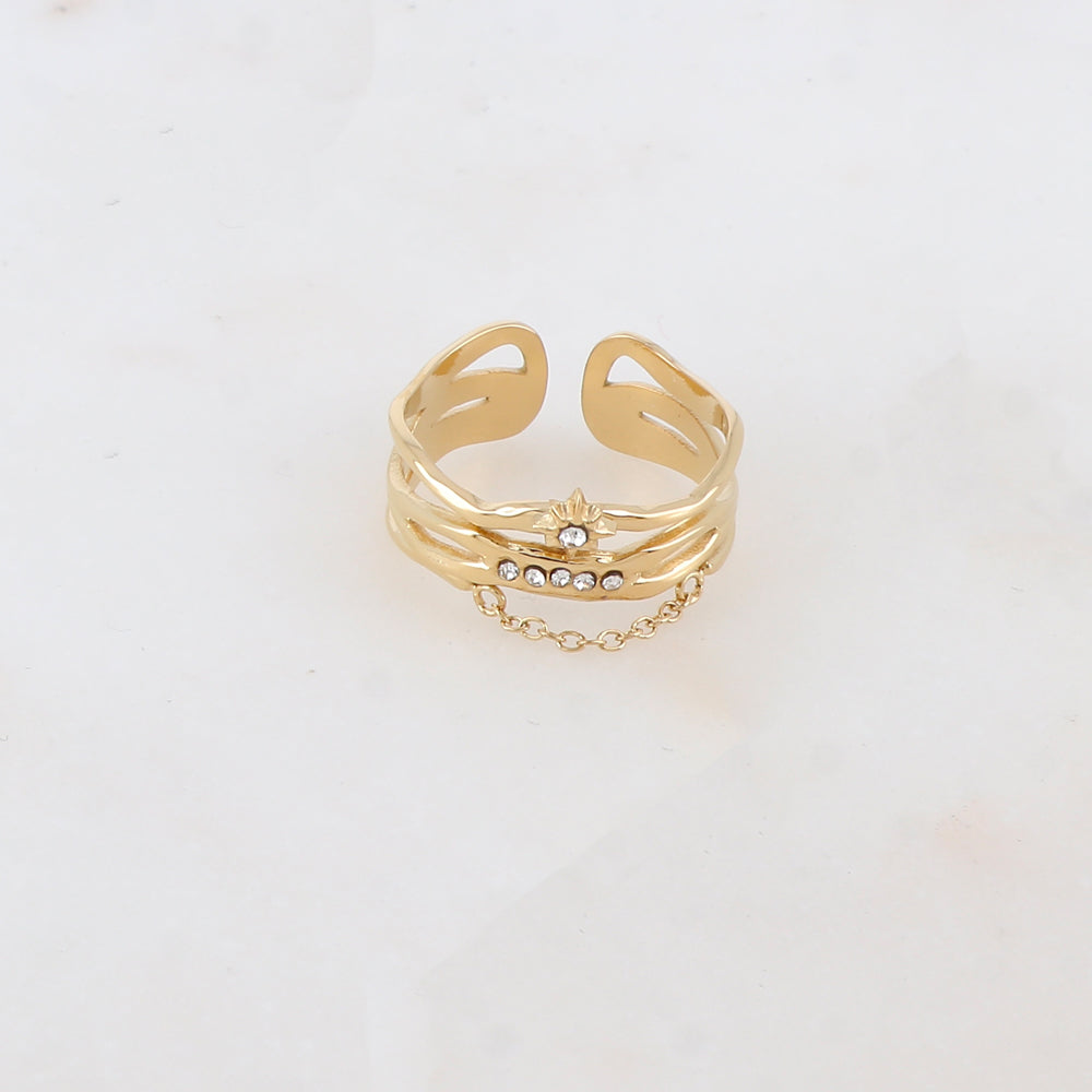Bague 4 rangs avec chaîne, étoile et 5 strass