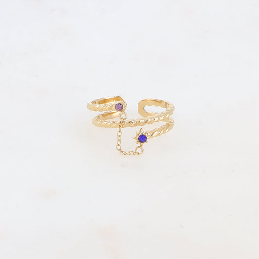 Bague 2 rangs effet torsadé avec chaîne, étoile et 2 strass
