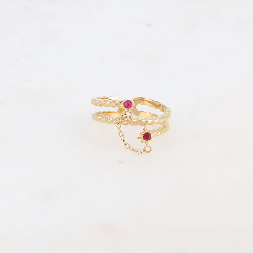 Bague 2 rangs effet torsadé avec chaîne, étoile et 2 strass