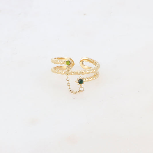Bague 2 rangs effet torsadé avec chaîne, étoile et 2 strass