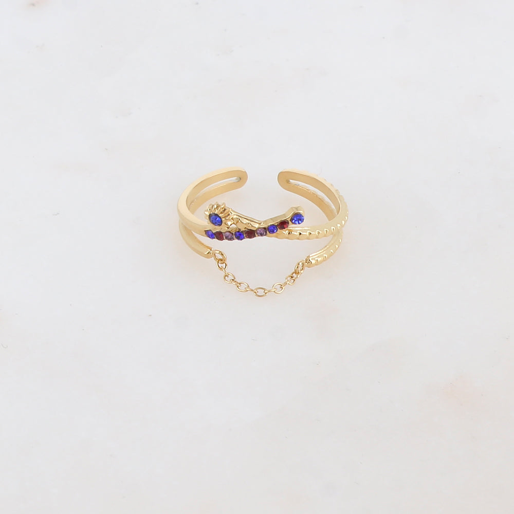 Bague 2 rangs effet torsadé avec chaîne, étoile et 2 strass