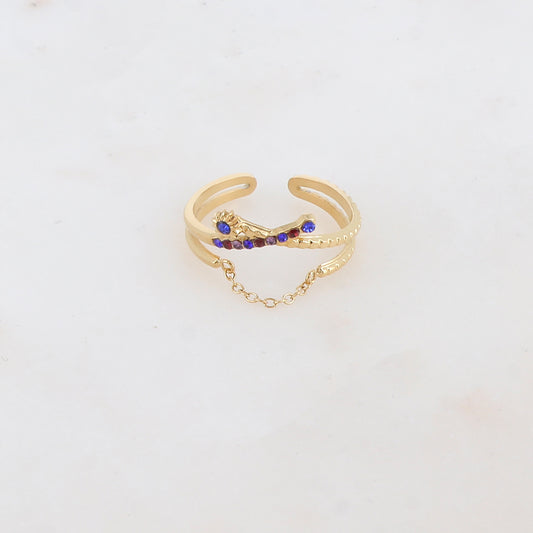 Bague 2 rangs effet torsadé avec chaîne, étoile et 2 strass