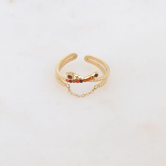 Bague 2 rangs effet torsadé avec chaîne, étoile et 2 strass