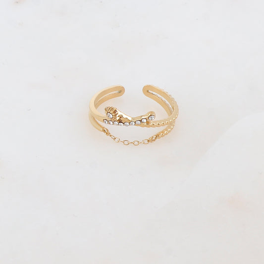 Bague 2 rangs effet torsadé avec chaîne, étoile et 2 strass