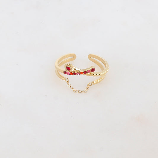 Bague 2 rangs effet torsadé avec chaîne, étoile et 2 strass