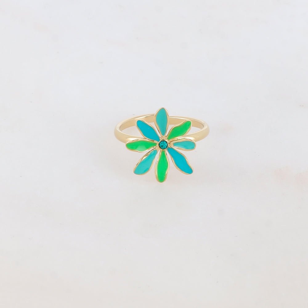 Bague fine avec fleur et strass - Turquoise
